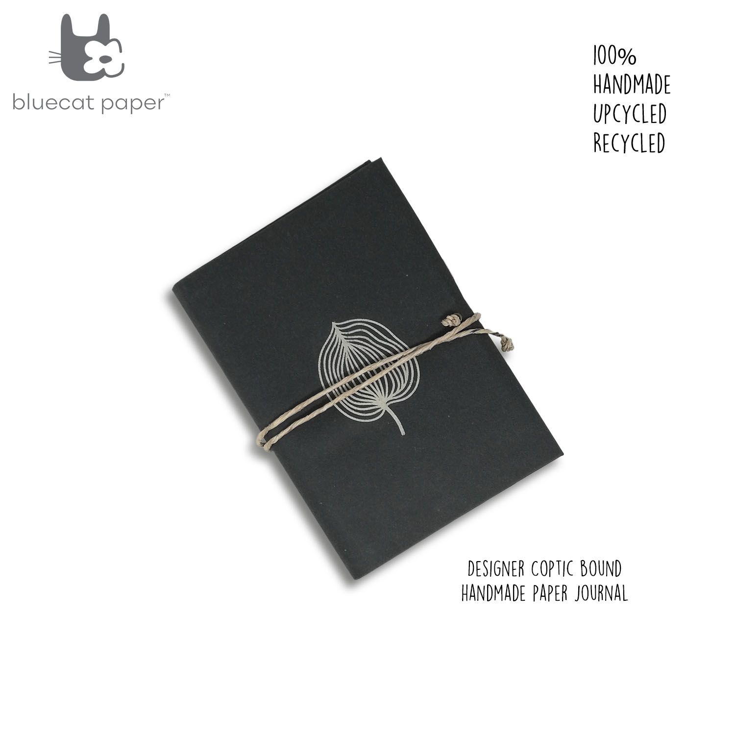 Coptic bound handmade journal hemp paper – grey, beige spear leaf print (Size 21 x 14 CM) image 1