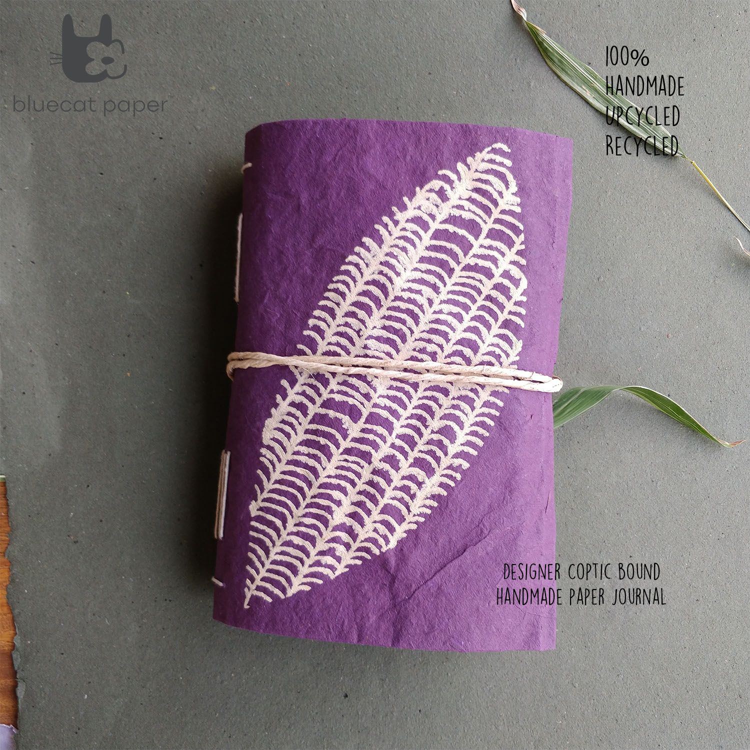 Coptic binding journal purple mulberry paper – biscuit leaf print (Size 21×14 CM) image 1